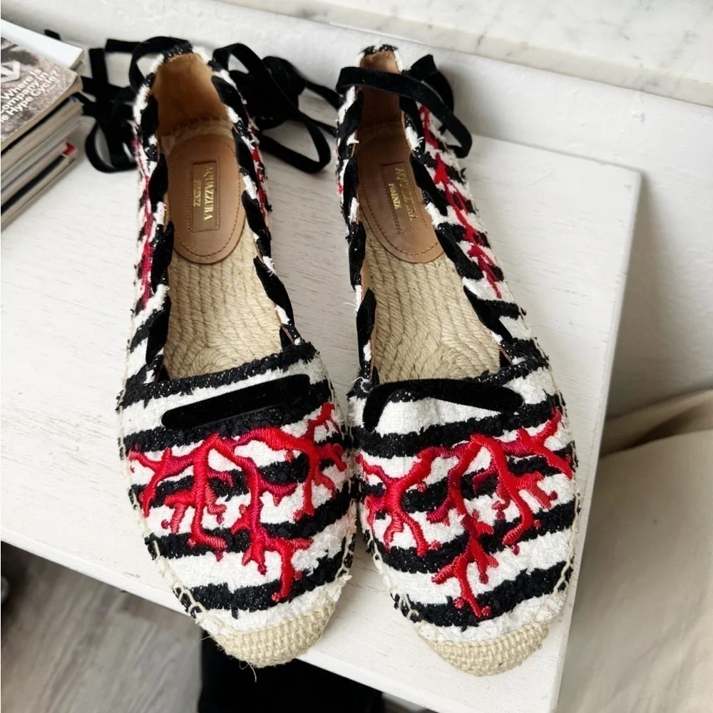 Aquazzura Coraline lace-up embroidered striped tweed espadrilles